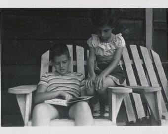 Original Vintage Photo Snapshot Boy Reading To Girl Adirondack Chairs 1940s-50s