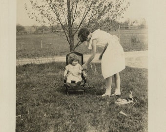 Original Small Girl in Chair Outdoors by Trees 1920s