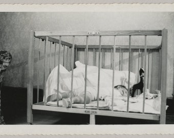 Original Vintage Photo Snapshot Baby Asleep in Playpen Crib 1950s