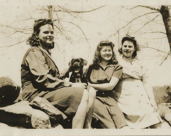 Original Vintage Photo Snapshot Women & Dog Outdoors 1943