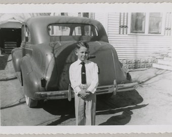Original Vintage Photo Snapshot Boy Standing Posing by Car 1950s