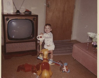 Original Vintage Color Photo Snapshot Toddler Television & Toys 1962
