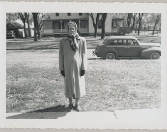 Original Vintage Photo Snapshot Older Elderly Woman Outdoors by Car 1950s