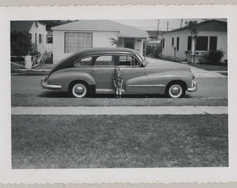 Original Vintage Photo Snapshot Small Boy by Car Houses 1950s