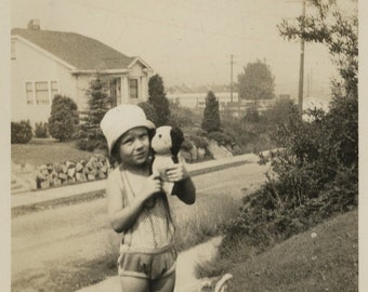Original Vintage Photo Snapshot Small Child Poses Outdoors With Stuffed Animal Friends 1930s