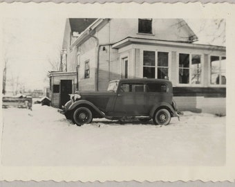 Original Vintage Photo Snapshot Car Snow House 1930s