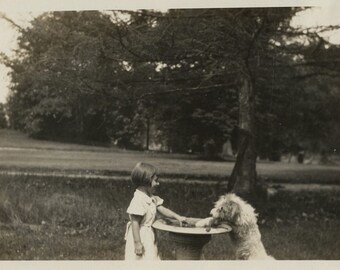 Original Vintage Photo Snapshot Girl Dog & Birdbath 1930s