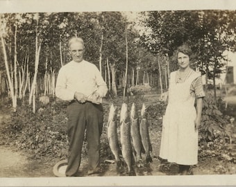 Original Vintage Photo Snapshot Man & Woman Pose With Fish Catch 1920s-30s