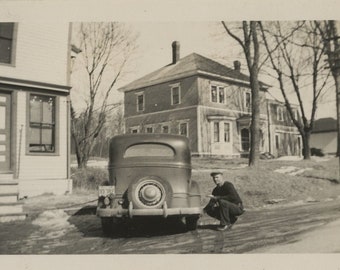 Original Vintage Photo Snapshot Man Car Houses 1930s