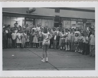 Original Vintage Photo Snapshot Crowd Watching Girl Twirler in Parade? 1950s