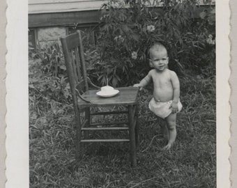 Original Vintage Photo Snapshot Toddler & 1st Birthday Cake 1952