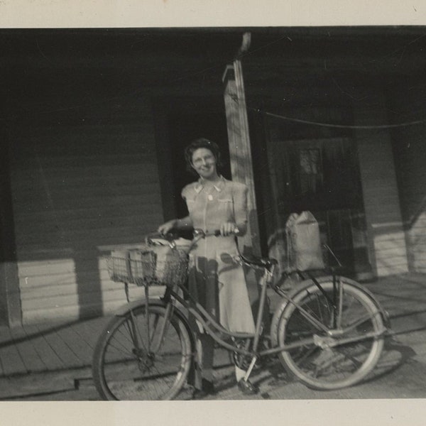 Original Vintage Photo Snapshot Woman With Bicycle 1940s