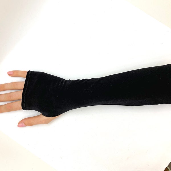Velvet Stretch Long Fingerless Gloves Black. One Size Fits All