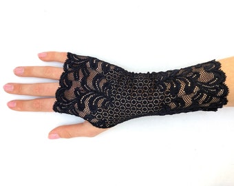 Lace Fingerless Gloves, Long Black Stretch. One Size Fits All.