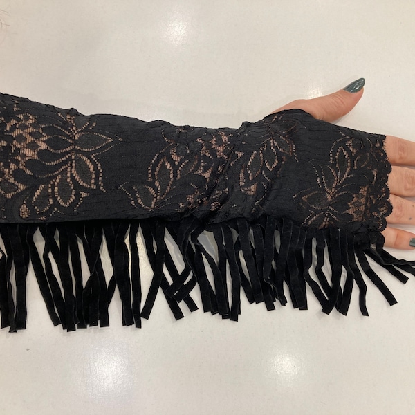 Long Black or White Stretch Lace Fingerless Gloves with Black Suede Fringe. One Size Fits All.