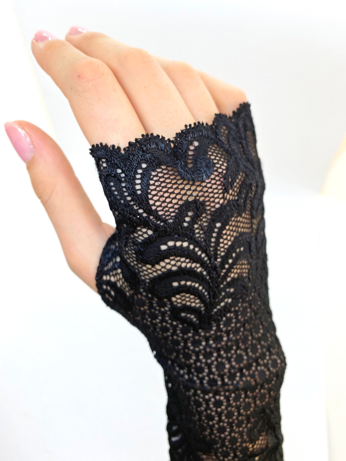 Lace Fingerless Gloves, Long Black Stretch. One Size Fits