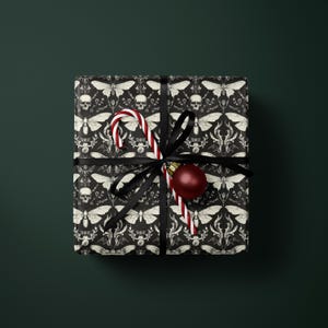 Gothic gift wrap, Dark wrapping paper, Skull and moth design, Holiday gift wrapping, Unique present decoration, Christmas gift wrap