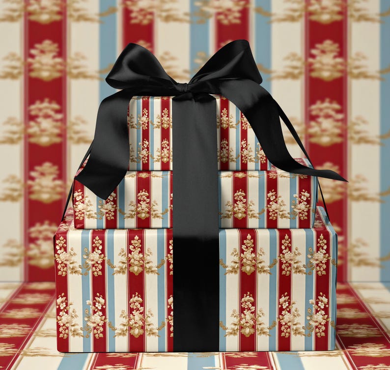 Holiday Gift Wrapping Paper, Elegant Festive Gift Boxes, Perfect Christmas Present Wrap, Vintage Striped Floral Design
