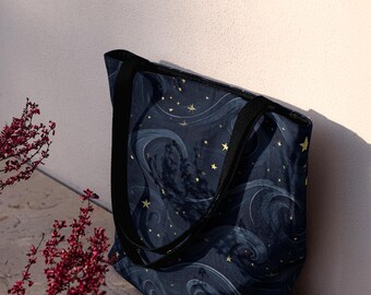 Starry Night Woven Tote Bag Celestial Forestcore Book Bag for Witchy Granola Girl Aesthetic Gothic Dark Academia Lovers and Readers