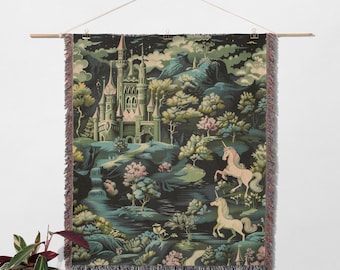 Cobertor de tapeçaria trançado, arte medieval de algodão com unicórnio, cobertor vintage trançado para decoração única de casa, presente perfeito de unicórnio