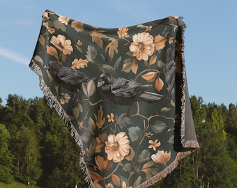 Woven Throw Blanket, Dark Cottagecore Witchy Blanket, Gothic Tapestry for Halloween Decor