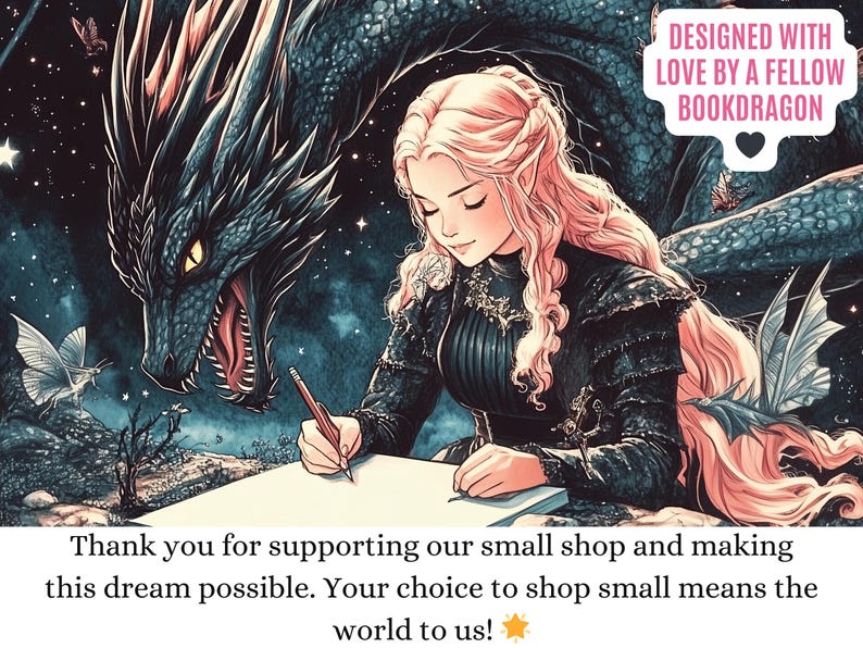 a woman sitting at a table writing in front of a dragon