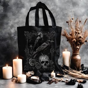 Bolso estilo Dark Academia, bolso literario de Edgar Allan Poe, bolso gótico con cuervo, calavera y flores, regalo ideal para amantes de los libros.