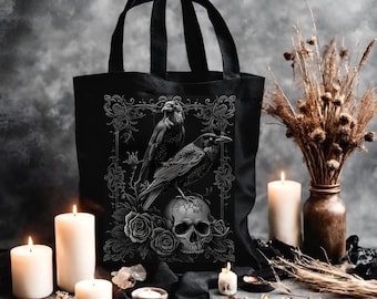 Dark Academia Tote, Edgar Allan Poe Literary Bag, Gothic Raven Bag with Skull and Flowers, Book Lover Tote Gift