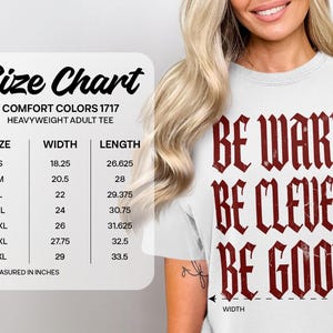 Comfort Colors 1717 heavyweight adult tee size chart with BE WARY BE CLEVER BE GOOD text.