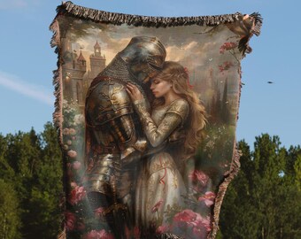 Knight & Lady Romance Woven Blanket | Dark Cottagecore Medieval Tapestry | Light Academia Aesthetic | Gothic Throw | Romantic Gift for Her