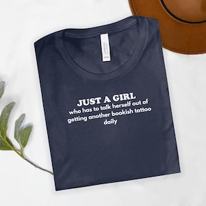Just a Girl Bookish Tattoo T-Shirt, Book Lover Shirt, Reading Enthusiast Tee, Literary Humor Clothing, Bookworm Gift, Funny Reader Top