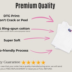 The image is a promotional graphic for a clothing brand, highlighting the premium quality of their products. It features a white t-shirt with a graphic design, accompanied by text that describes the quality guarantee of the brand.