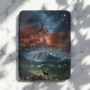 Fantasy City Landscape Art Print, Mystical Deer Stag on Mountain, Starry Night Sky, Crescent Moon, Ethereal Wildlife Scene
fantasy art