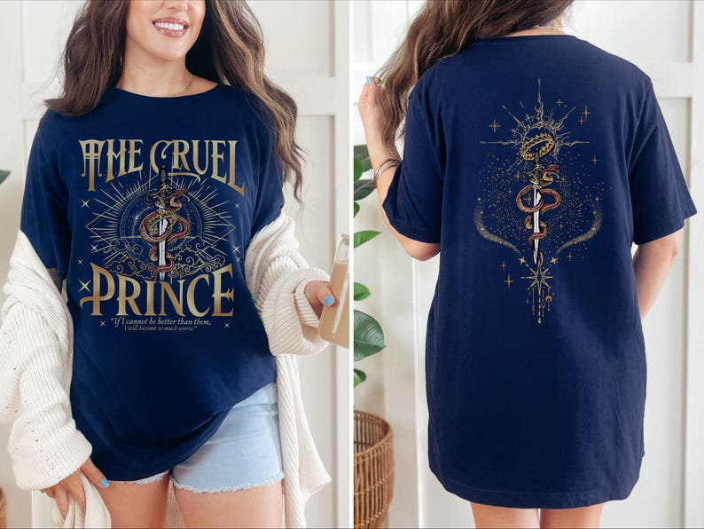 a woman wearing a t - shirt with a cross and sword on it