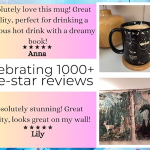 The image is a collage of three photos. The top photo shows a black mug with a gold design, the middle photo depicts a painting of a woman and a deer, and the bottom photo features a painting of a dragon. The collage includes text that describes the mug, the painting, and the wall art, and includes positive reviews from people who have seen the items.