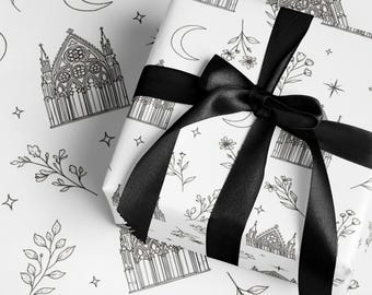 Gothic Kathedrale Mond Geschenkpapier, Dark Academia Geschenkpapier, Witchy Weihnachtsgeschenkverpackung, Gothic Feiertagsverpackung, Schwarz und Weiß