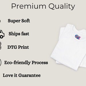 The image is a collage of various icons and text, highlighting the premium quality of a product, such as a shirt. The icons include a truck, a person, and a heart, along with text descriptions of the product's features, such as "Super Soft", "Ships fast", "DTG Print", "Eco-friendly Process", and "Love it Guarantee".