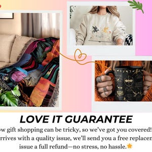 The image is a collage of three photos, featuring a person holding a mug, a person wearing a sweater, and a person sitting on a couch. The text overlay provides a guarantee for the quality of the gift shopping, stating that if the order arrives with a quality issue, the customer will receive a full replacement or issue a full refund without any hassle.