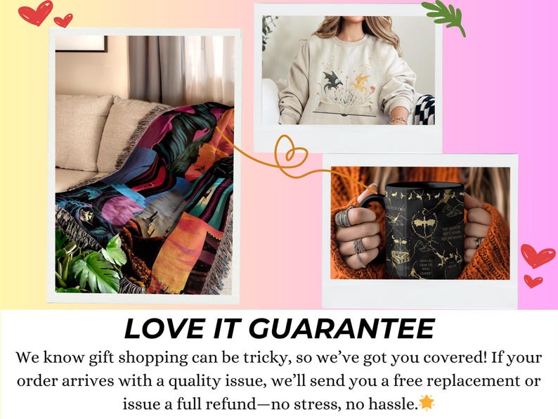 The image is a collage of three photos, featuring a person holding a mug, a person wearing a sweater, and a person sitting on a couch. The text overlay provides a guarantee for the quality of the gift shopping, stating that if the order arrives with a quality issue, the customer will receive a full replacement or issue a full refund without any hassle.