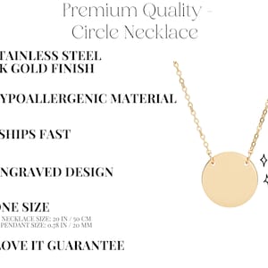 The image is a promotional image for a stainless steel 18k gold necklace. It highlights the necklace's premium quality, hypoallergenic material, fast shipping, engraved design, and various sizes available. The image also includes a close-up view of the necklace and a heart symbol, emphasizing the necklace's love guarantee.