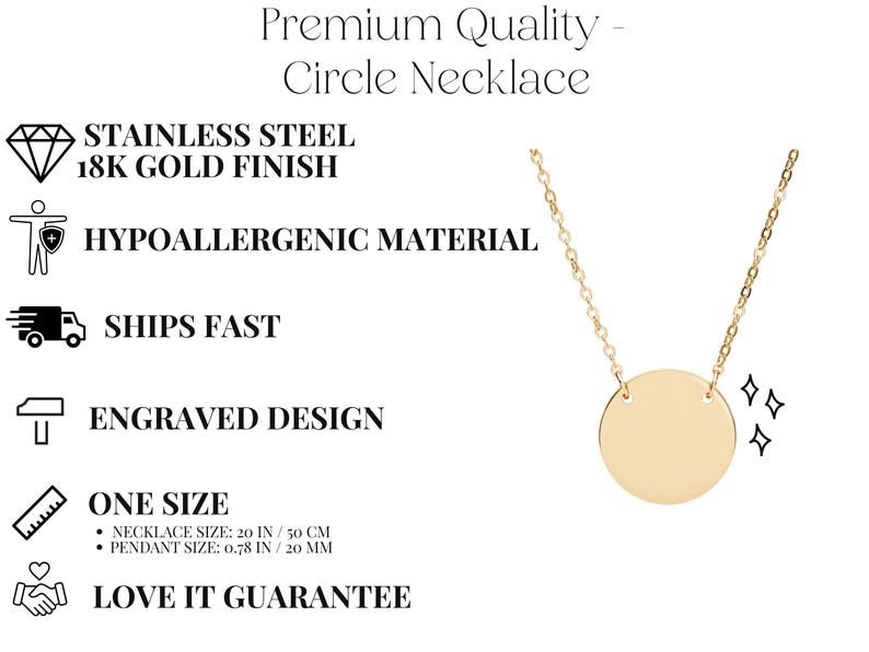 The image is a promotional image for a stainless steel 18k gold necklace. It highlights the necklace's premium quality, hypoallergenic material, fast shipping, engraved design, and various sizes available. The image also includes a close-up view of the necklace and a heart symbol, emphasizing the necklace's love guarantee.