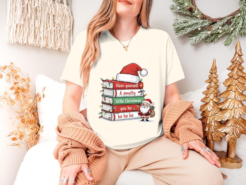 Have Yourself a Smutty Little Christmas Graphic Tee, Santa and Books Funny Holiday Shirt, Humorous Christmas T-Shirt, Book Lover Gift