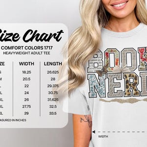 Size chart with t-shirt measurements and "Book Nerd" graphic.