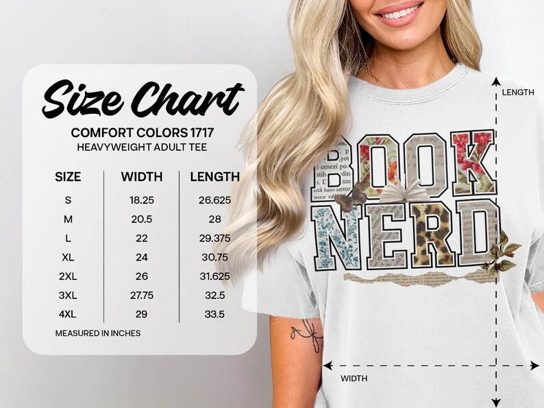 Size chart with t-shirt measurements and "Book Nerd" graphic.