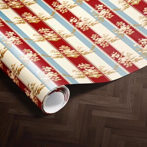 Red Blue and Beige Striped Floral Wallpaper, Vintage Floral Wall Decor, Home Decor, Interior Design, Retro Wall Covering, Pretty Blossom