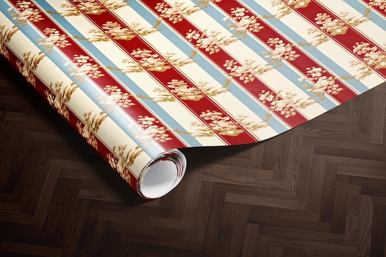 Red Blue and Beige Striped Floral Wallpaper, Vintage Floral Wall Decor, Home Decor, Interior Design, Retro Wall Covering, Pretty Blossom