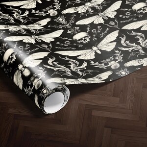 Gothic wallpaper roll, skull and moth print, dark botanical design, vintage inspired home decor, black and white wall art