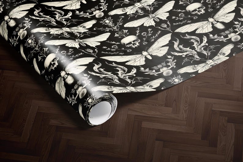 Gothic wallpaper roll, skull and moth print, dark botanical design, vintage inspired home decor, black and white wall art