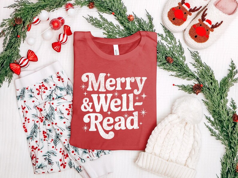 Merry and Well-Read Shirt, Holiday Pajama Set, Christmas Sleepwear, Festive Lounge Wear, Cozy Winter Outfit, Seasonal Nightwear