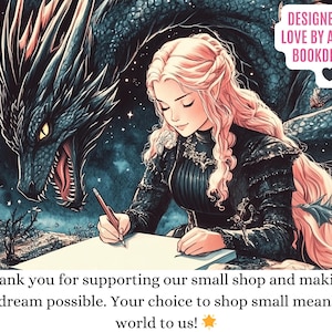 a woman sitting at a table writing in front of a dragon